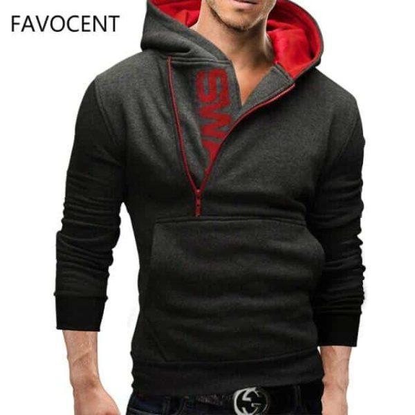 FAVOCENT Hoodie Oblique Zipper Solid Color
