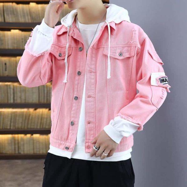 2021 Pink Black Green Jeans Jacket Men Slim